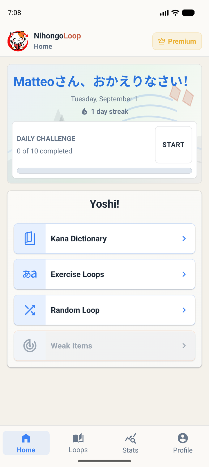 NihongoLoop home screen with daily challenge and shortcuts.