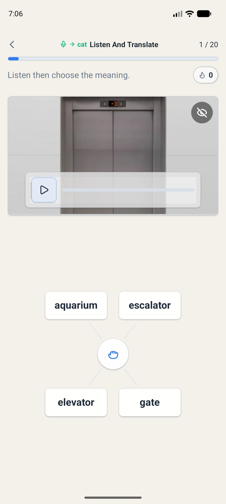 Listen and Translate with an elevator photo and meaning choices.
