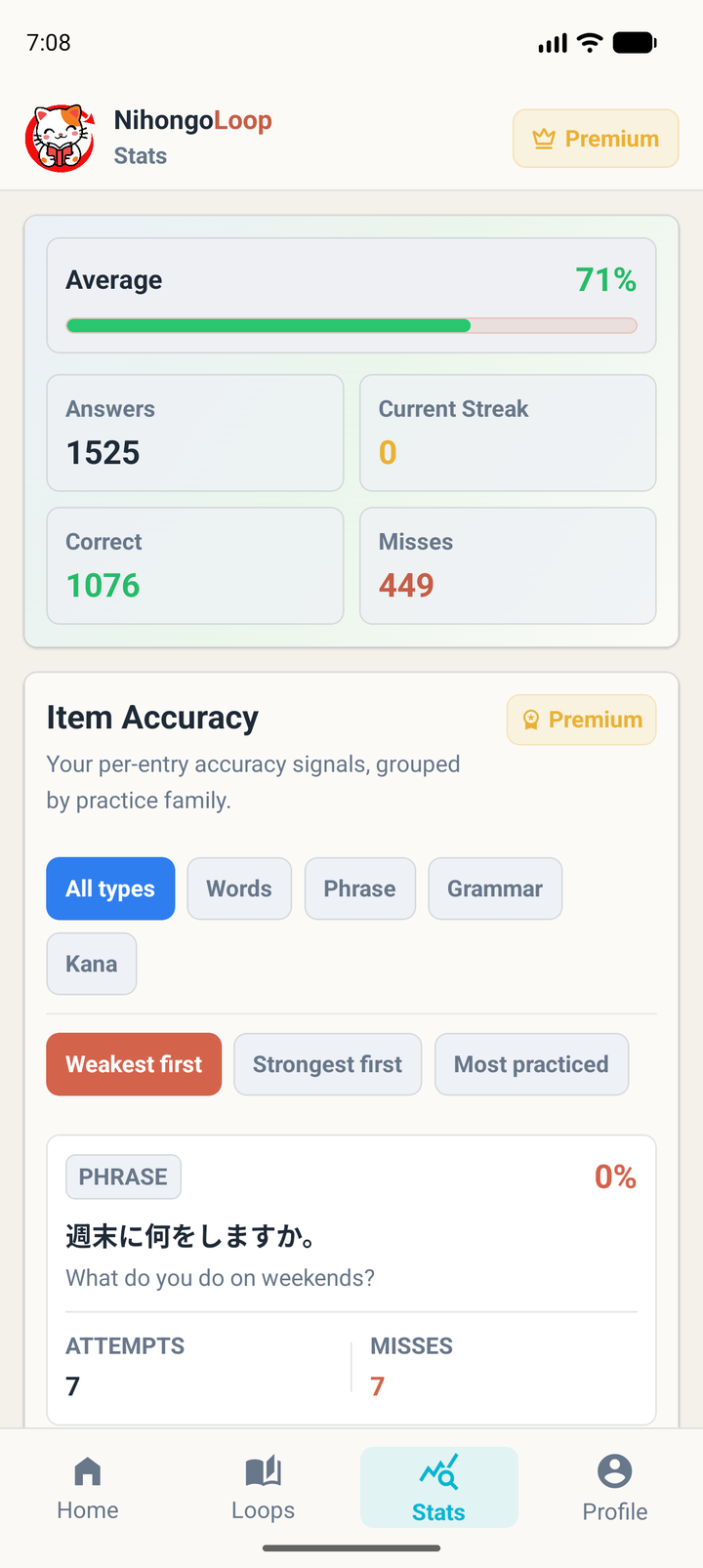 Stats screen with accuracy, answers, and weakest items.